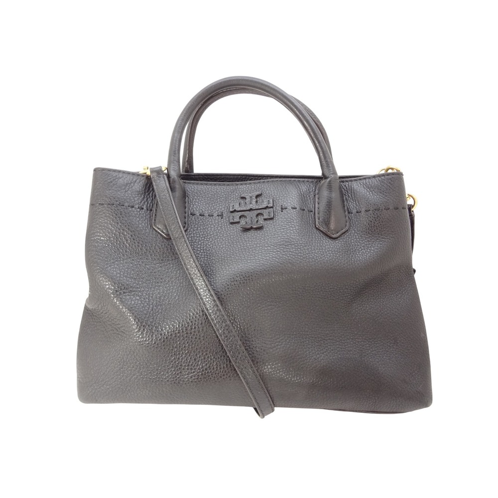 Tory Burch McGraw Triple Compartment Satchel Carryall Black Pebbled Leather